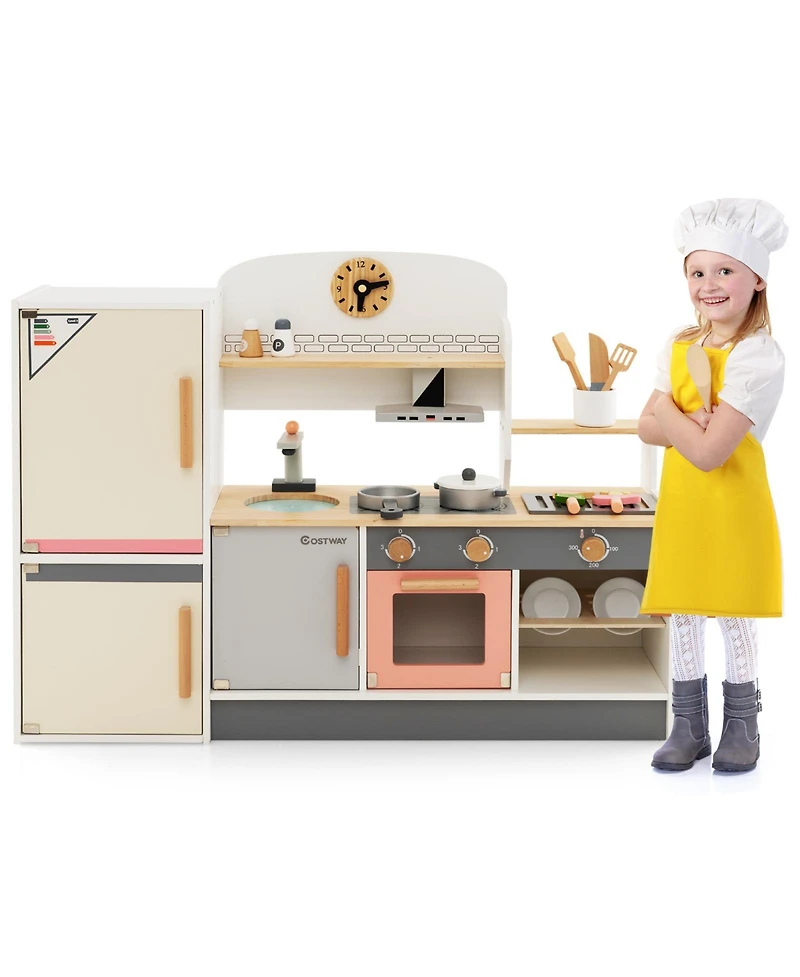Akiudex Wooden Kids Play Kitchen Set with Accessories and Storage