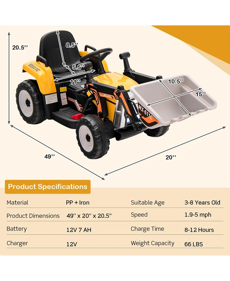 Akiudex 12V Kids Ride-On Excavator with Remote Control and Adjustable Arm