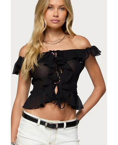 Edikted Women's Sheer Chiffon Ruffled Off Shoulder Top
