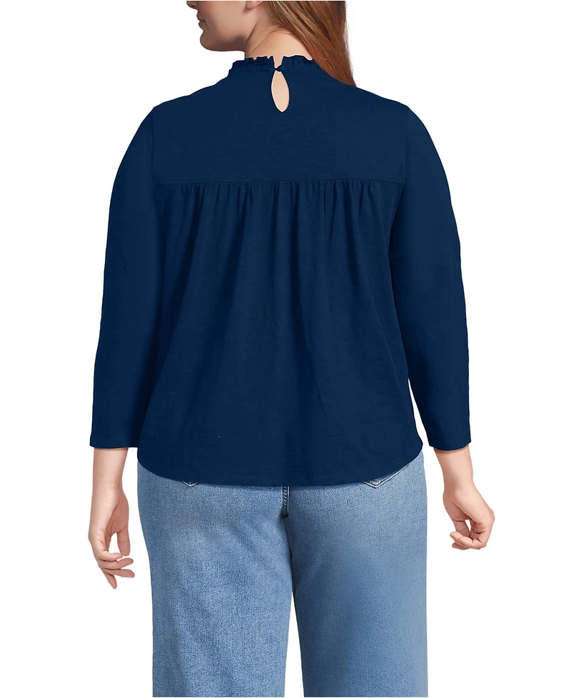 Lands' End Women's Plus 3/4 Sleeve Cotton Slub Lace Trim Top