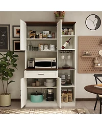 Vanirror Antique White 71" Farmhouse Pantry Hutch Cabinet, Barn Door Kitchen Storage with Led Lights & Adjustable Shelves, Freestanding Sideboard with