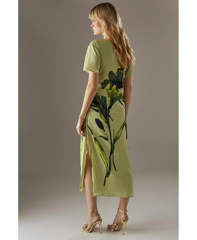 Warehouse Women's Placement Print Crinkle Midi Satin Dress