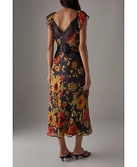 Warehouse Women's Lace Insert Frill Sleeve Midi Dress