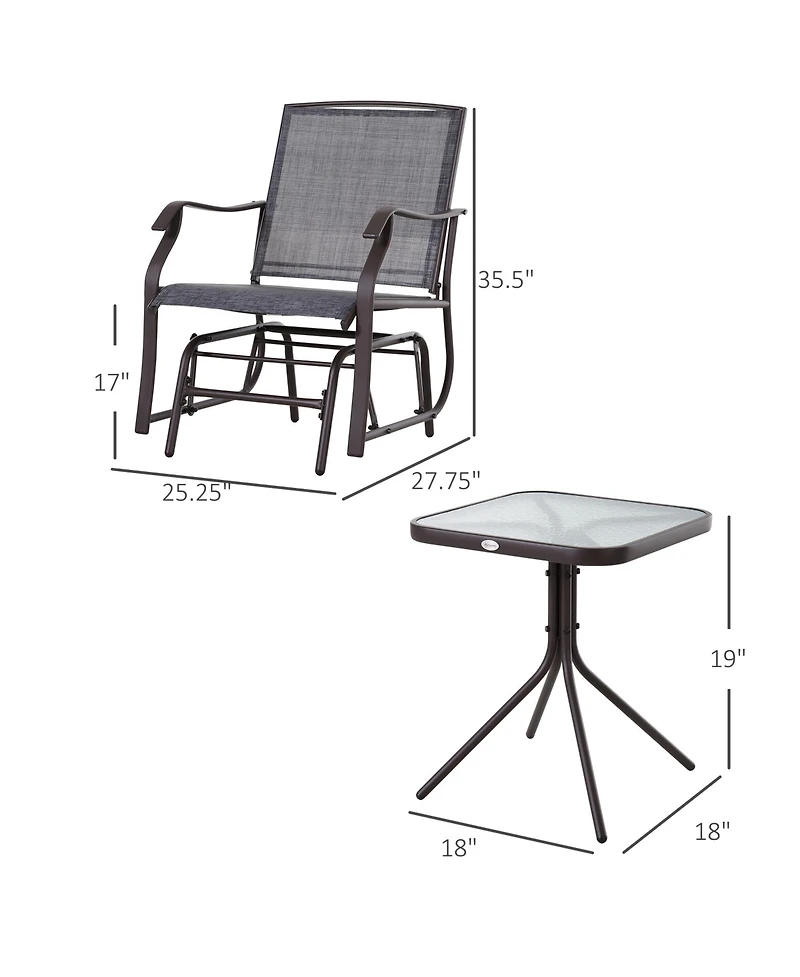 Flynama 3 Piece Outdoor Glider Chair with Coffee Table Bistro Set, 2 Patio Rocking Swing Chairs with Breathable Sling Fabric, Glass Tabletop, for Back