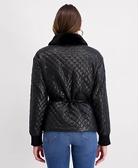 Kensie Women's Cinched Waist Quilted Jacket with Faux Fur Collar