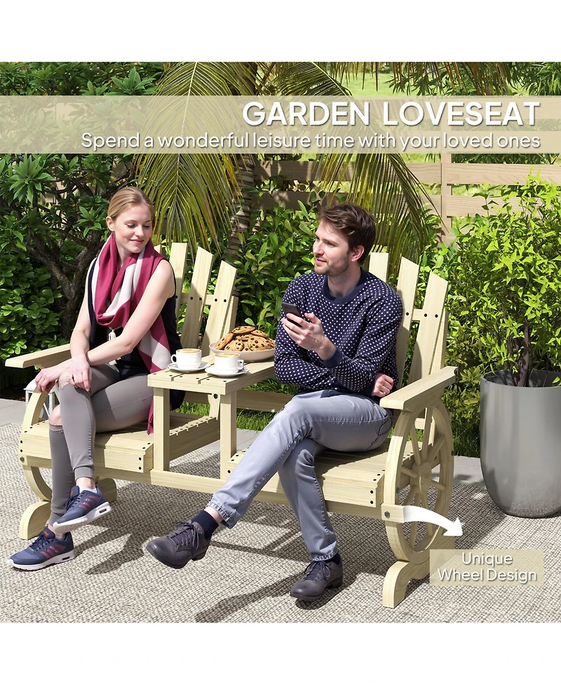 Outsunny Wooden Garden Bench with Table, 2-Seat Outdoor Bench