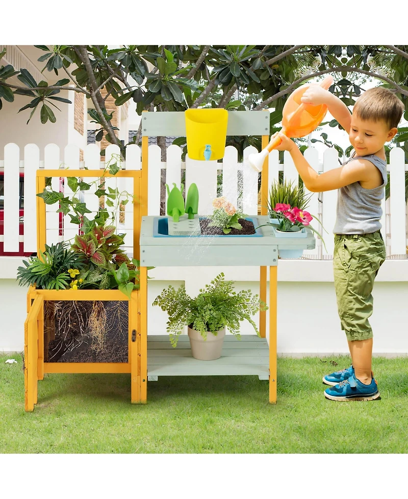 Gymax Wooden Potting Bench for Kids w/ See-Through Window Planter Box Garden Trellis