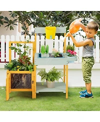 Gymax Wooden Potting Bench for Kids w/ See-Through Window Planter Box Garden Trellis