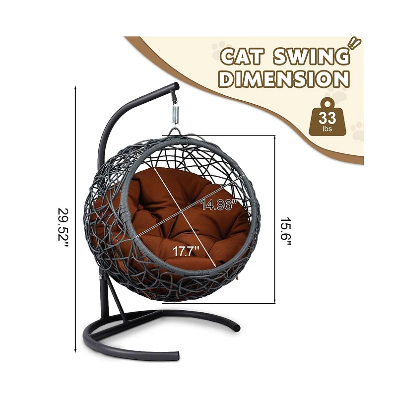 Zeus & Ruta Brown Rattan Cat Egg Chair with Stand and Cushion