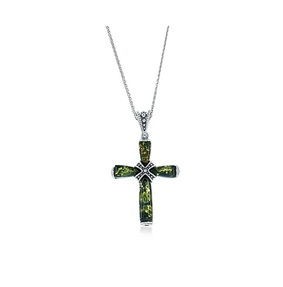 Caribbean Treasures Sterling Silver, Green Amber Cross Pendant