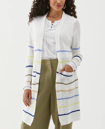 Ella Rafaella Women's Cotton-Linen Blend Striped Duster Long Sleeve Cardigan Sweater