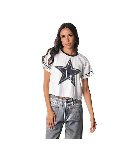 The Wild Collective Women's White Dallas Cowboys Sequin Cropped T-Shirt