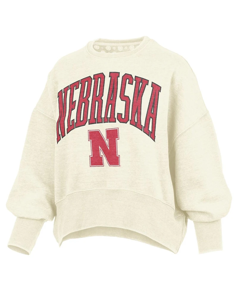Pressbox Women's Natural Nebraska Huskers Oversized Waist-Length Crewneck Sweatshirt