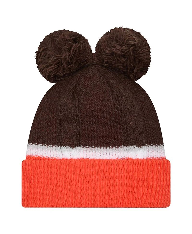 New Era Women's Brown Cleveland Browns Double Bubble with Poms Cuffed Knit Hat