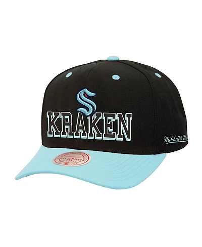 Mitchell Ness Men's Black/Light Blue Seattle Kraken Backside Script Two-Tone Pro Crown Adjustable Hat