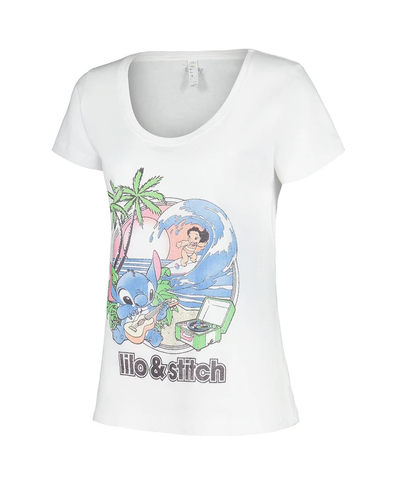 Mad Engine Women's White Lilo and Stitch Beach Duo Scoop Neck T-Shirt