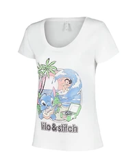 Mad Engine Women's White Lilo and Stitch Beach Duo Scoop Neck T-Shirt