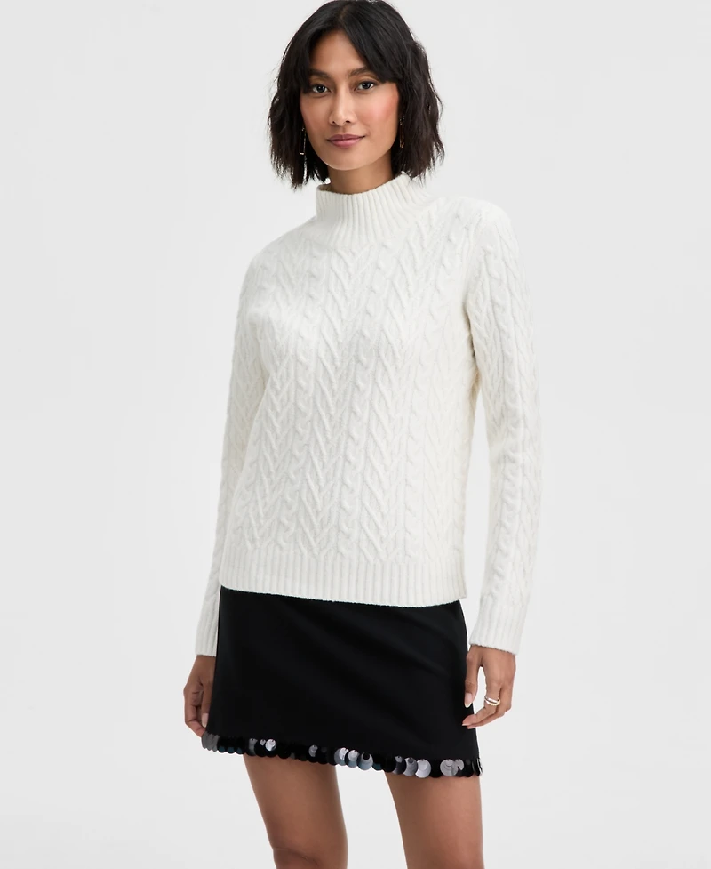 On 34th Women's Mock-Neck Cable-Knit Pullover Sweater, Created for Macy's