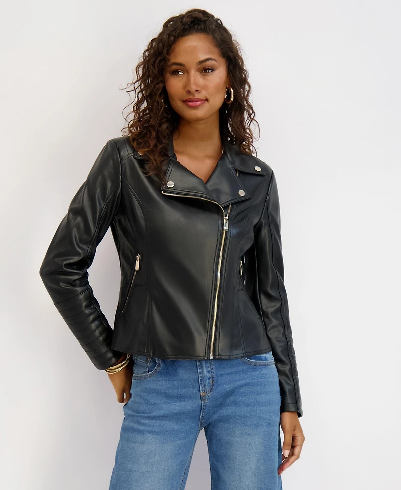 Kensie Women's Asymmetrical Pu Peplum Moto Jacket with Quilting Details