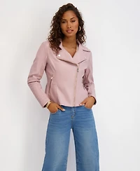 Kensie Women's Asymmetrical Pu Peplum Moto Jacket with Quilting Details