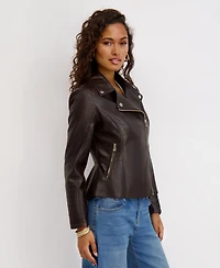 Kensie Women's Asymmetrical Pu Peplum Moto Jacket with Quilting Details