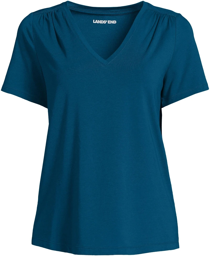 Lands' End Women's Short Sleeve Lightweight Jersey Gathered Shoulder T-Shirt