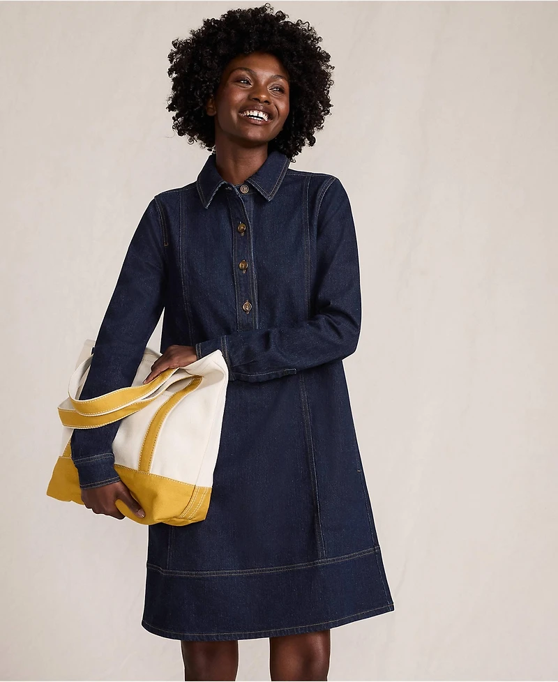 Lands' End Women's Petite Soft Denim Popover Long Sleeve Shirt Dress