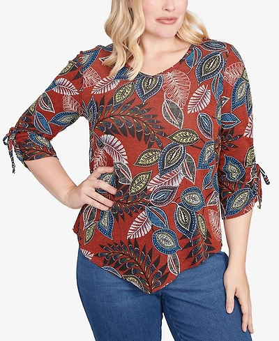 Alfred Dunner Petite Sunset Canyon Batik Leaves Melange Asymmetrical Top