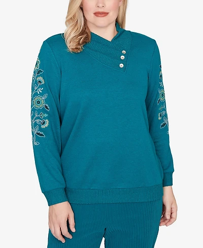 Alfred Dunner Petite Lake Champlain Embroidered Sleeve Button Detail Top