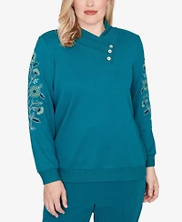 Alfred Dunner Petite Lake Champlain Embroidered Sleeve Button Detail Top