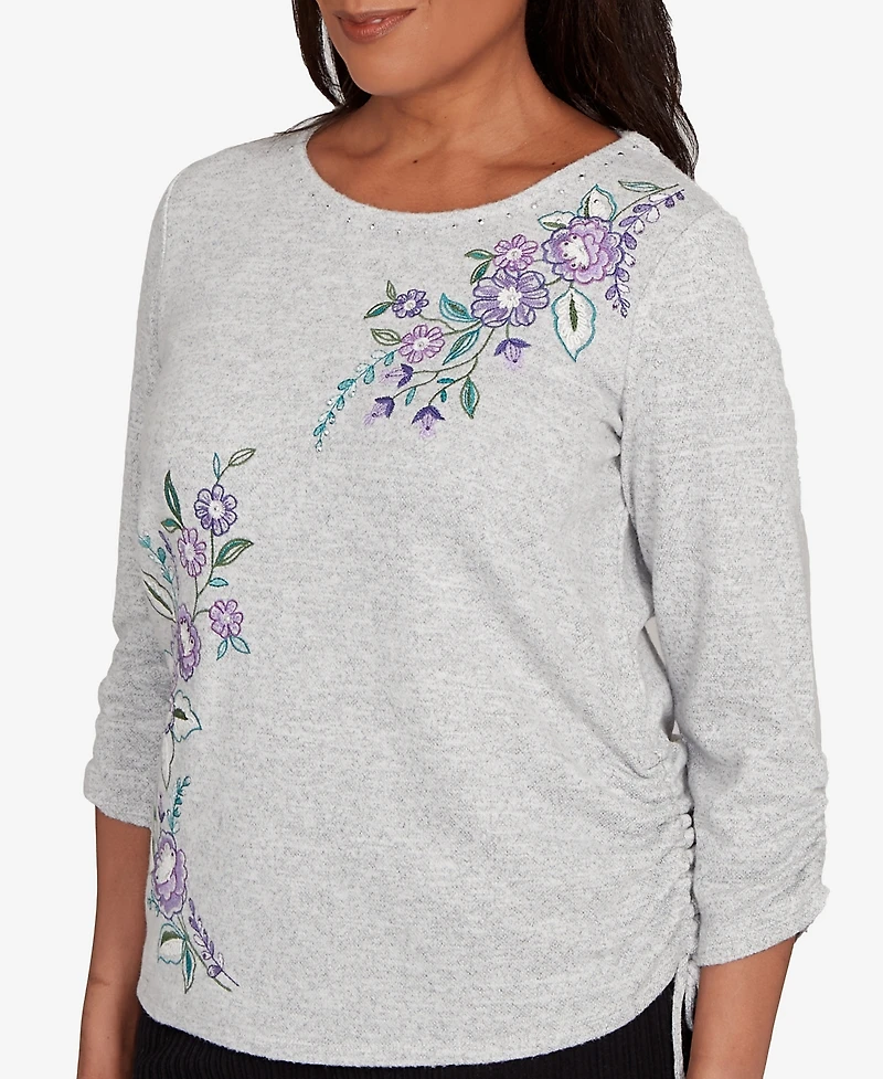 Alfred Dunner Petite Lake Champlain Embroidered Flowers with Side Tie Ruching Top