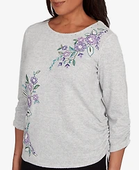 Alfred Dunner Petite Lake Champlain Embroidered Flowers with Side Tie Ruching Top