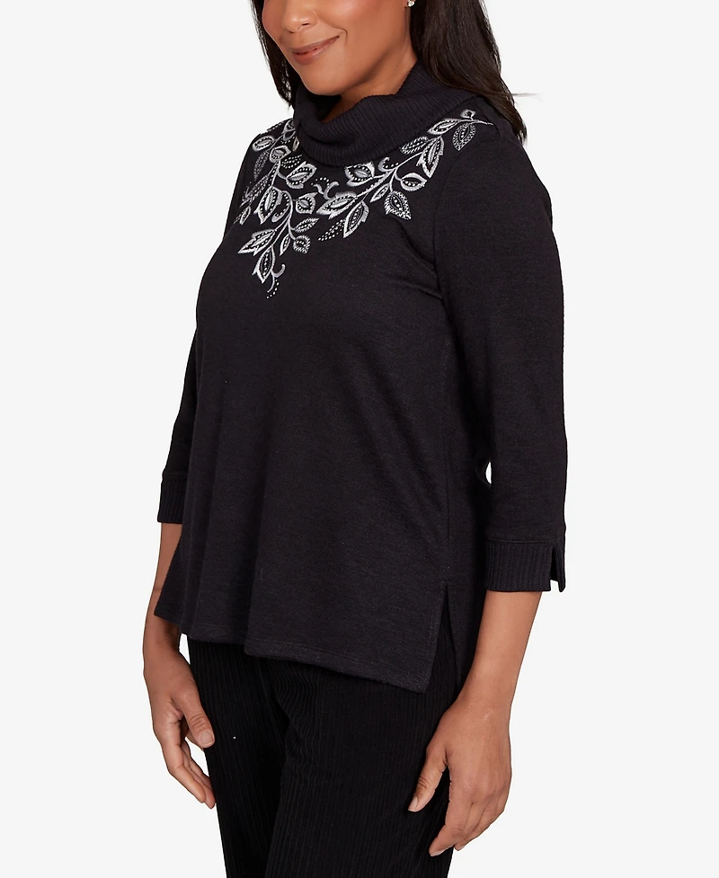 Alfred Dunner Petite Lake Champlain Leaf Embroidered Rib Neck Top