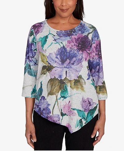 Alfred Dunner Petite Lake Champlain Asymmetrical Watercolor Flower Top