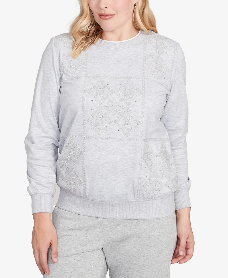 Alfred Dunner Petite Casual Vibe Embroidered Patchwork Long Sleeve Top