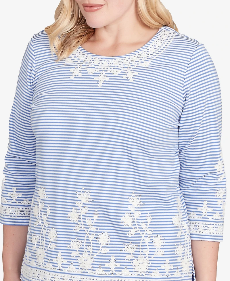 Alfred Dunner Petite Casual Vibe Embellished Striped Crew Neck Top