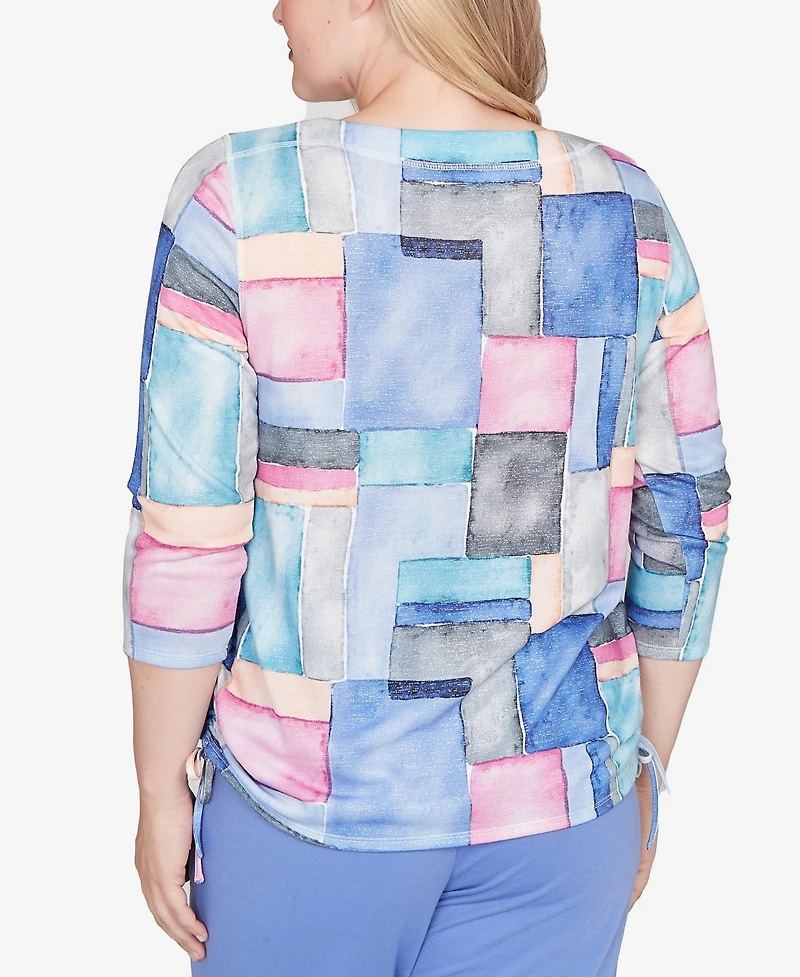 Alfred Dunner Petite Casual Vibe Tie Side Ruched Colorblock Top