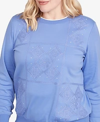 Alfred Dunner Petite Casual Vibe Embroidered Patchwork Long Sleeve Top