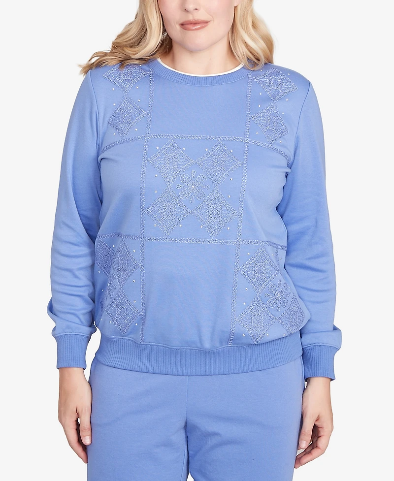 Alfred Dunner Petite Casual Vibe Embroidered Patchwork Long Sleeve Top