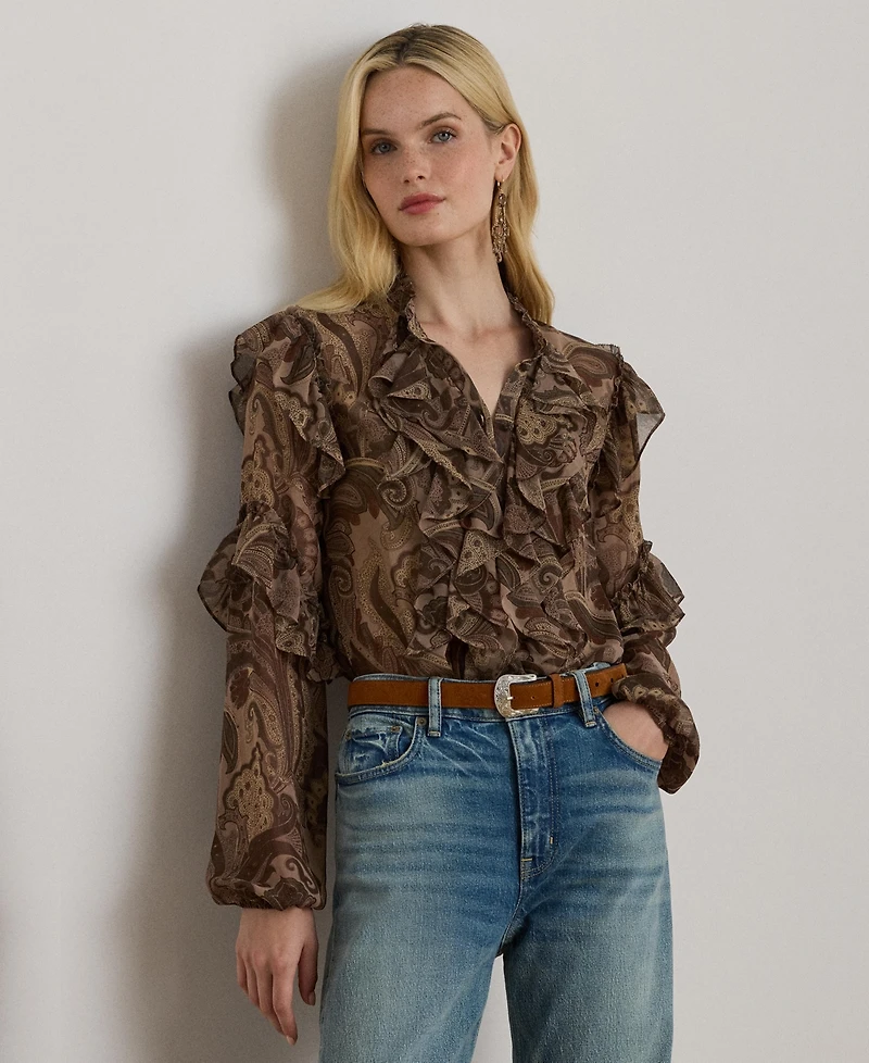 Lauren Ralph Women's Ruffle Detail Long Sleeve Top