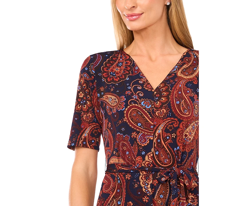 Msk Women's V-Neck Tie Waist Midi Dress
