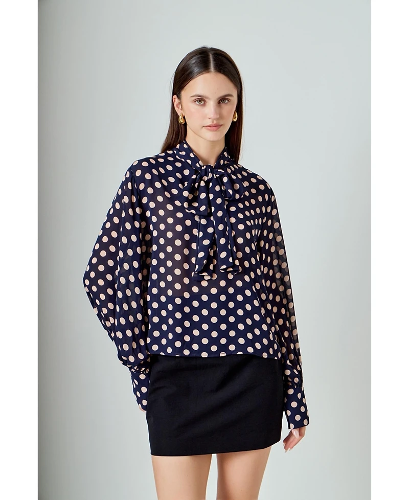 endless rose Women's Polka Dot Neck Bow Top