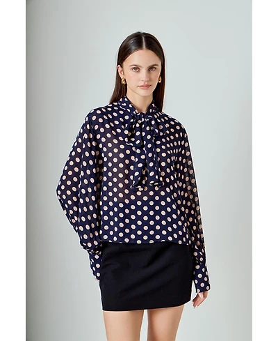 endless rose Women's Polka Dot Neck Bow Top