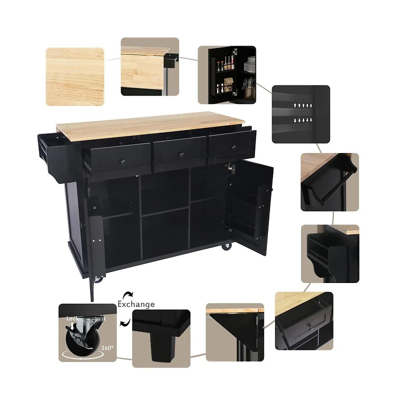 Maison Boucle Kitchen Island Cart with Drop Leaf, Rubber Wood Top, 3 Drawers & Internal Racks, Rolling Storage on Wheels-Maison