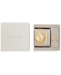 Michael Kors Women's Slim Runway Three-Hand Gold-Tone Stainless Steel Watch and Jewelry Set, 32mm