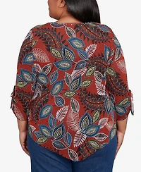 Alfred Dunner Plus Sunset Canyon Batik Leaves Melange Asymmetrical Top