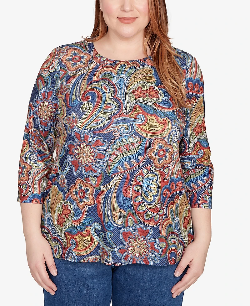 Alfred Dunner Plus Sunset Canyon Stitched Floral Pleated Neck Top