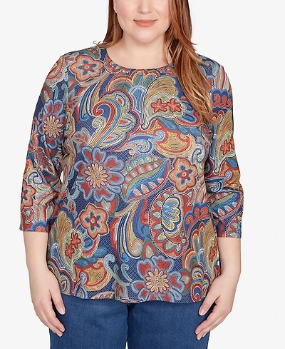 Alfred Dunner Plus Sunset Canyon Stitched Floral Pleated Neck Top