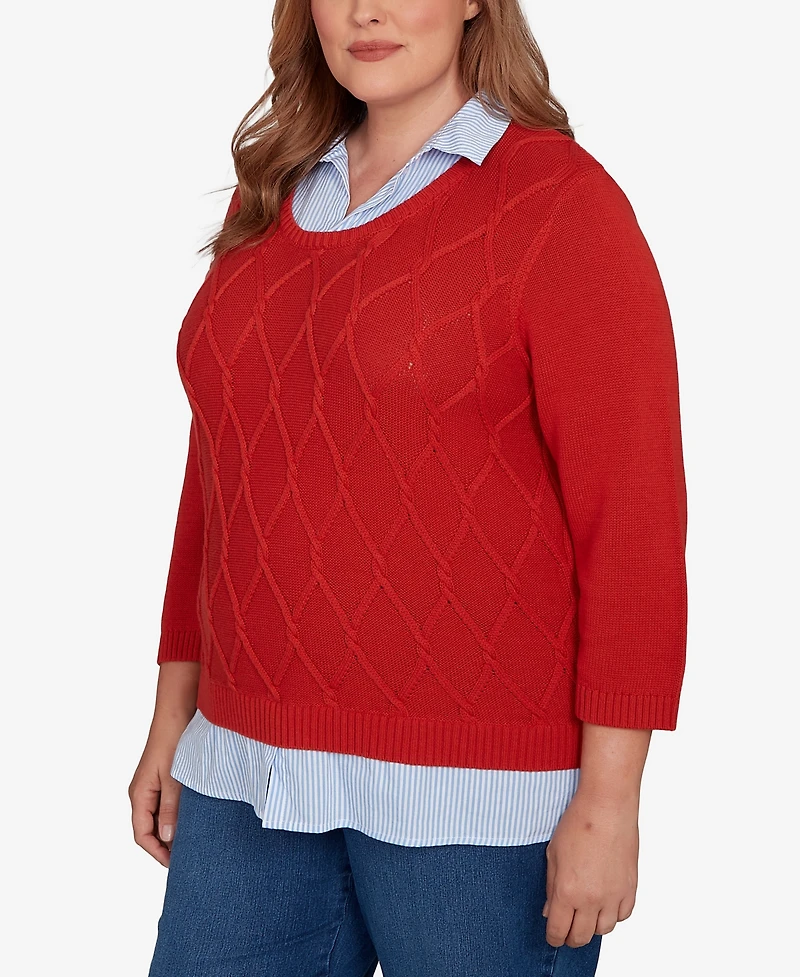 Alfred Dunner Plus Sunset Canyon Stitched Cable Stripe Woven Trim Sweater