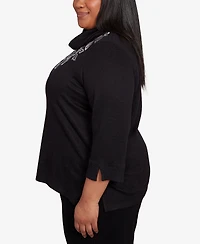Alfred Dunner Plus Lake Champlain Leaf Embroidered Rib Neck Top